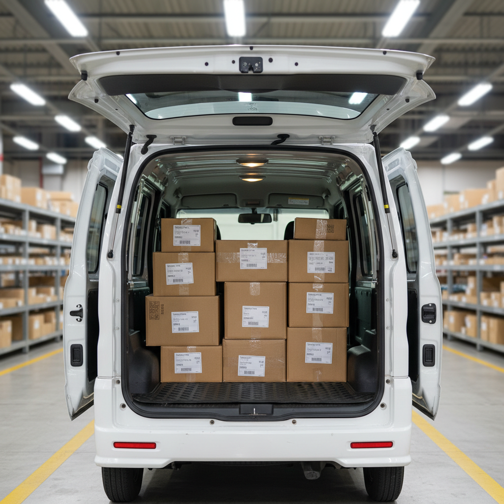 The rear cargo area of a spotless軽貨物delivery van, doors wide open to reveal neatly arranged parcels of various sizes, each with clearly printed shipping labels. The interior walls are lined with clean protective panels and non-slip flooring, showcasing a focus on safety and care. The vehicle is positioned inside a tidy distribution garage with clearly marked floor lines and organized shelving in the softly blurred background. Cool, diffused overhead LED lighting creates even illumination with minimal shadows, reinforcing precision and reliability. Captured from a slightly elevated, centered perspective with sharp focus throughout, the photographic realism and minimalist composition convey a professional, efficient配送サービス ready to move at a moment’s notice.